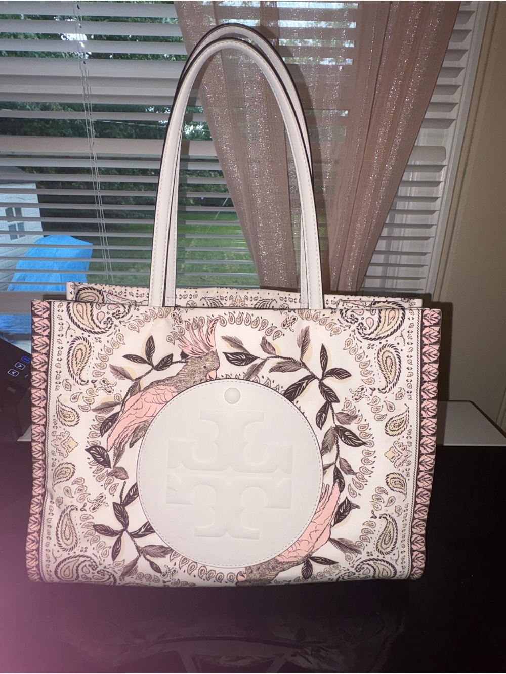 Ella Printed Small Tote Tory Burch White and Pink Paisley Floral Tote